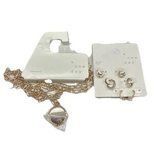 A New Day Nickel Free Gold Tone Jewelry Huggie Earrings & Necklace 2 Items E1-20
